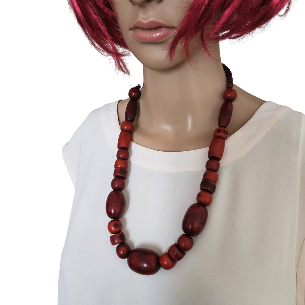 Wooden Bead Necklace - Red/Brown